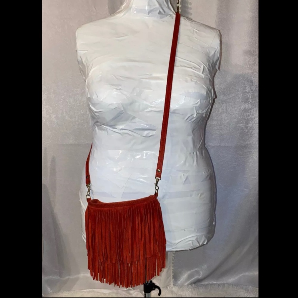 JJ Winters Red Suede Fringe Mini Crossbody Purse